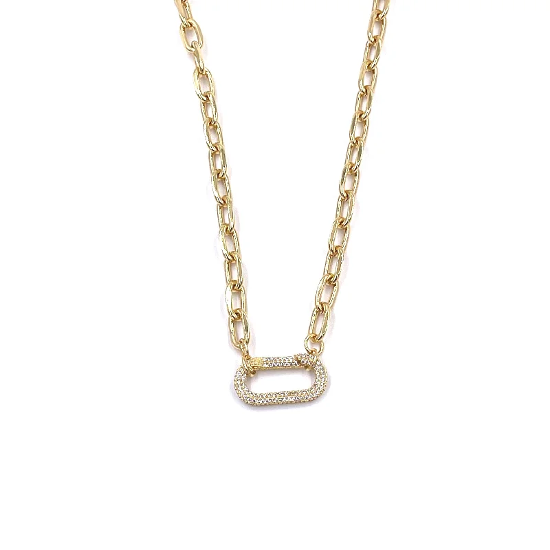 Layered Gold Necklace-Ashley Gold Stainless Steel Gold Plated Large Open CZ Rectangle Lock Link Necklace