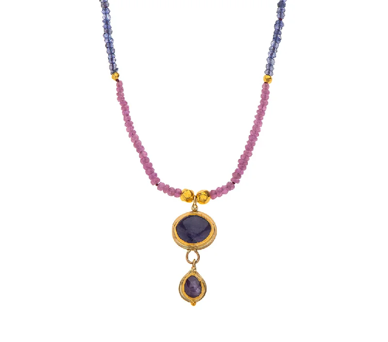 Elegant Bar Necklace-Nava Zahavi Yellow Gold Pink Sapphire and Tanzanite Necklace