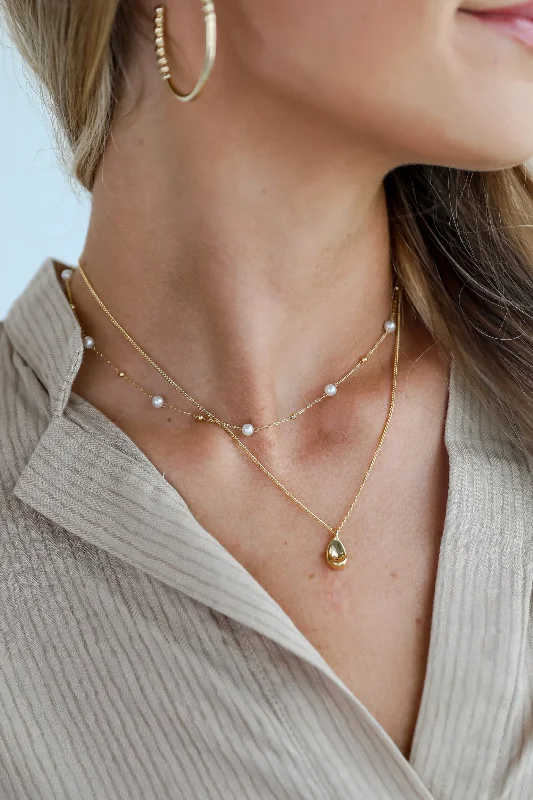 Birthstone Pendant Necklace-Meghan Gold Pearl Layered Chain Necklace