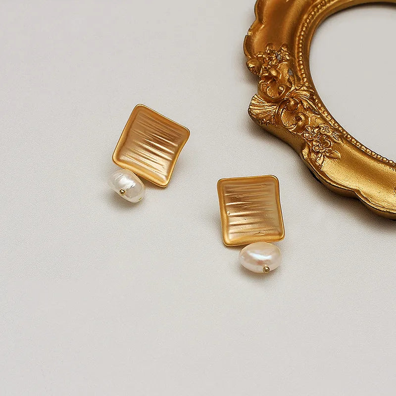 Luxury Gold Ring-1 Pair Gothic Baroque Style Punk Square Pearl Copper 18K Gold Plated Ear Studs