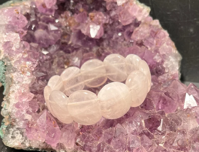 Silver and Leather Bracelet-Rose Quartz 2 Strand Stretchy Bracelet