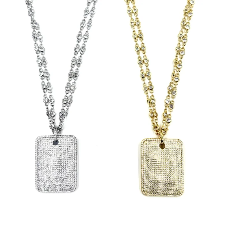 Layered Silver Necklace-Ashley Gold Stainless Steel Gold Plated Double CZ Link Chain With CZ ID Pendant Necklace