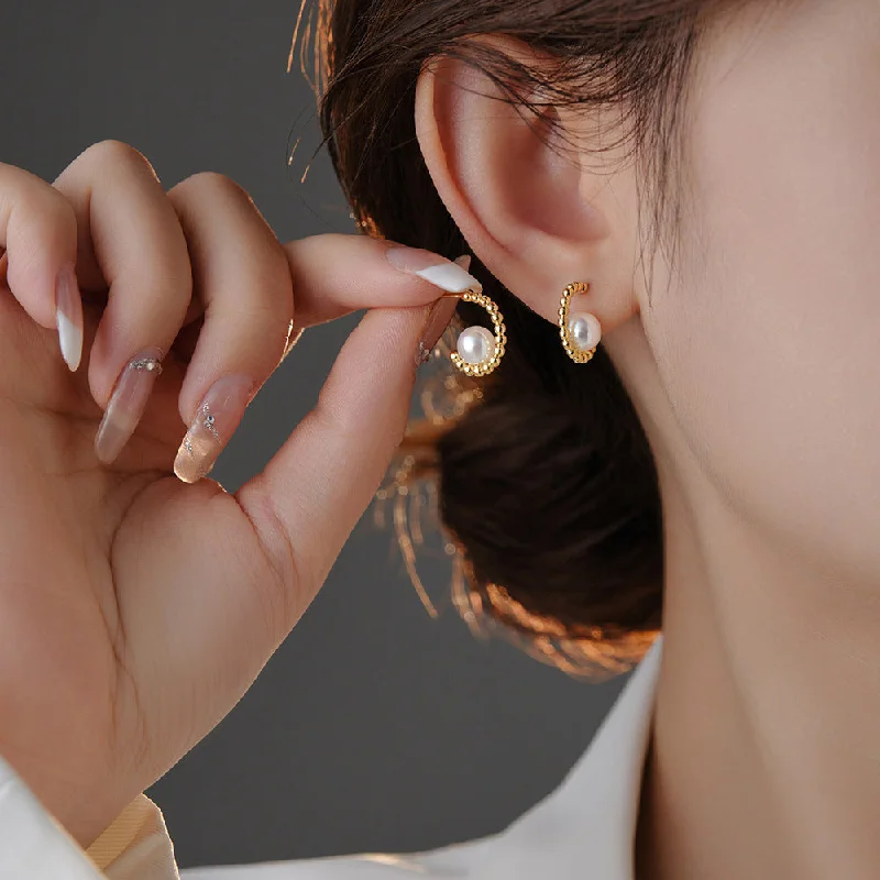 Gold Cluster Ring-1 Pair Ig Style Simple Style C Shape Plating Inlay Sterling Silver Pearl White Gold Plated Ear Studs