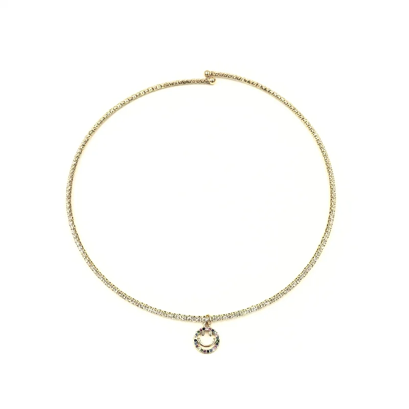 Long Silver Necklace-Ashley Gold Stainless Steel Colorful CZ Smily Face Charm Choker Tennis Necklace