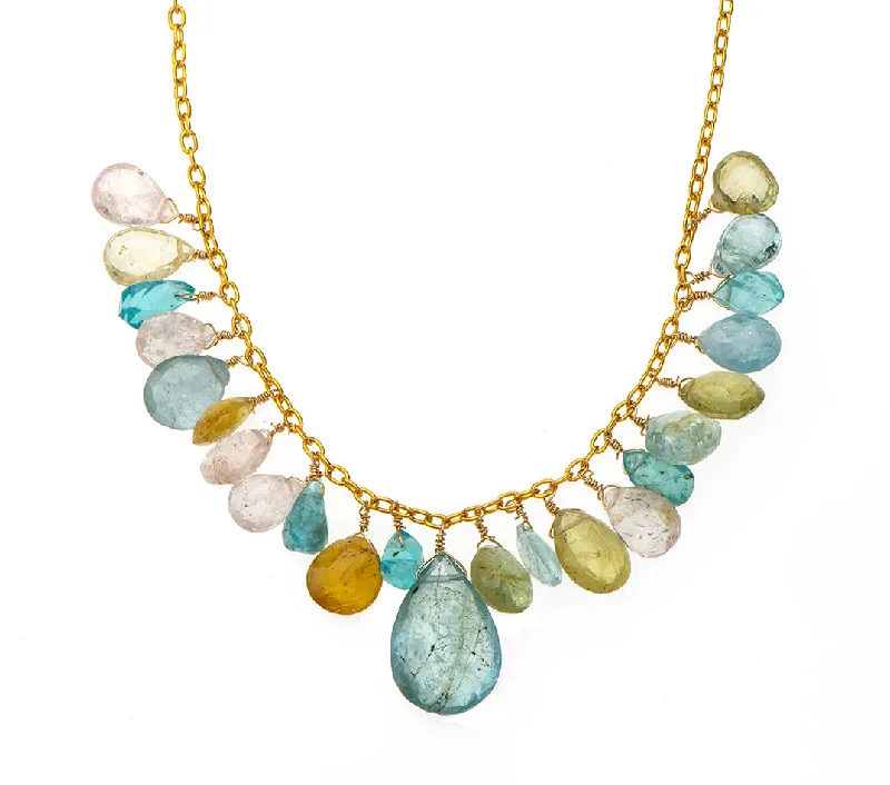 Boho Beaded Necklace-Nava Zahavi Gold Filled Aquamarine Drops Chain