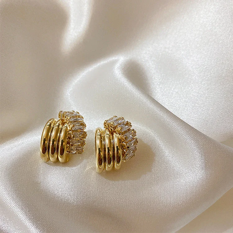 Gold Zircon Staggered Stud Earrings 925 Silver Needle Plated with Real Gold