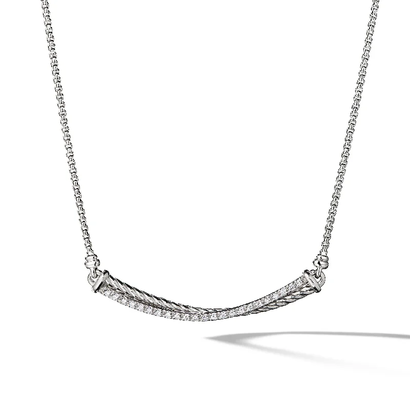 Gold Crystal Pendant Necklace-Crossover Bar Necklace in Sterling Silver with Diamonds