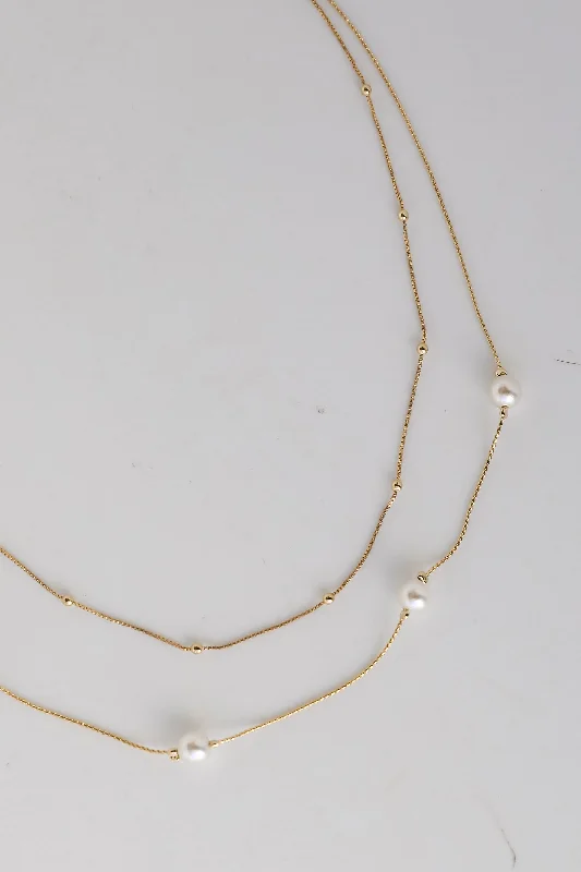 Double Chain Necklace-Brooke Gold Peal Layered Necklace