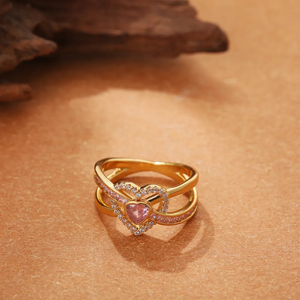 Gemstone Cocktail Ring-Copper Elegant Lady Streetwear Inlay Heart Shape Zircon Rings