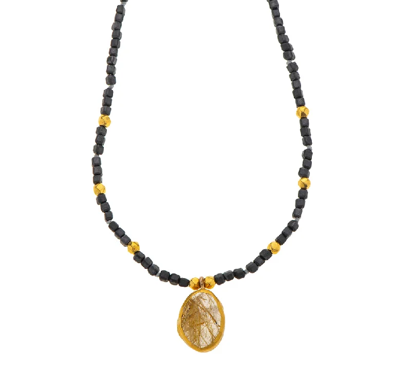 Natural Stone Necklace-Nava Zahavi Yellow Gold Rutil and Obsidian Necklace