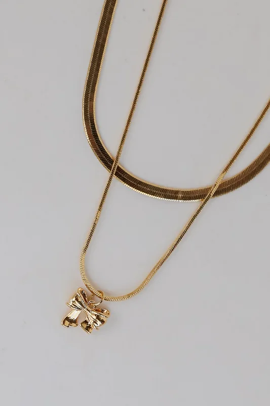 Cute Heart Necklace-Skylar Gold Bow Charm Layered Snake Chain Necklace