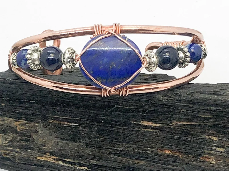 Custom Initial Bead Bracelet-Lapis Lazuli with Lapis Side Stones Handmade Wirewrapped Bracelet