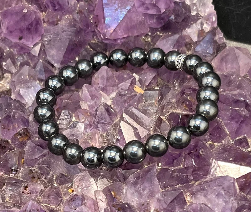 Silver Chain Bracelet for Women-Hematite 8mm Stretchy Bracelet