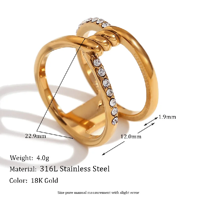 Double layered hollow wound rhinestone ring - gold size 7