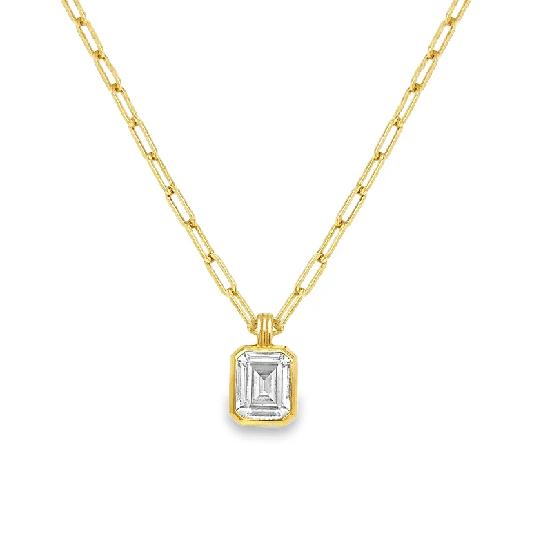 Unique Silver Bar Necklace-Emerald Cut CZ Pendant Gold