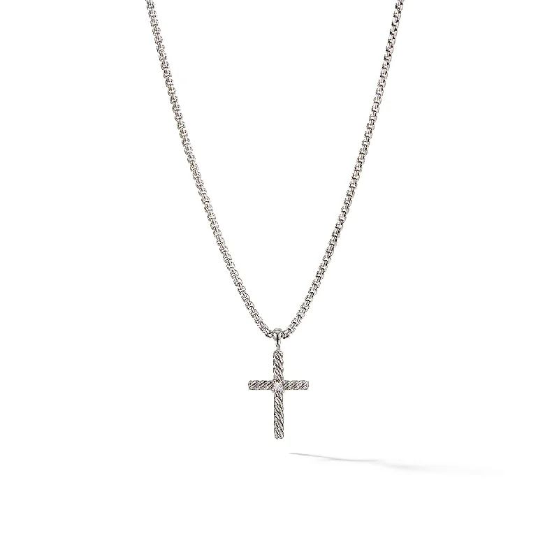 Layered Crystal Pendant Necklace-Classic Cable Cross Necklace in Sterling Silver with Center Diamond\, 24.3mm