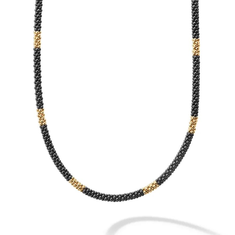 Custom Birthstone Necklace for Mom-Black Caviar 18K Gold Small Station Ceramic Beaded Necklace | 3mm