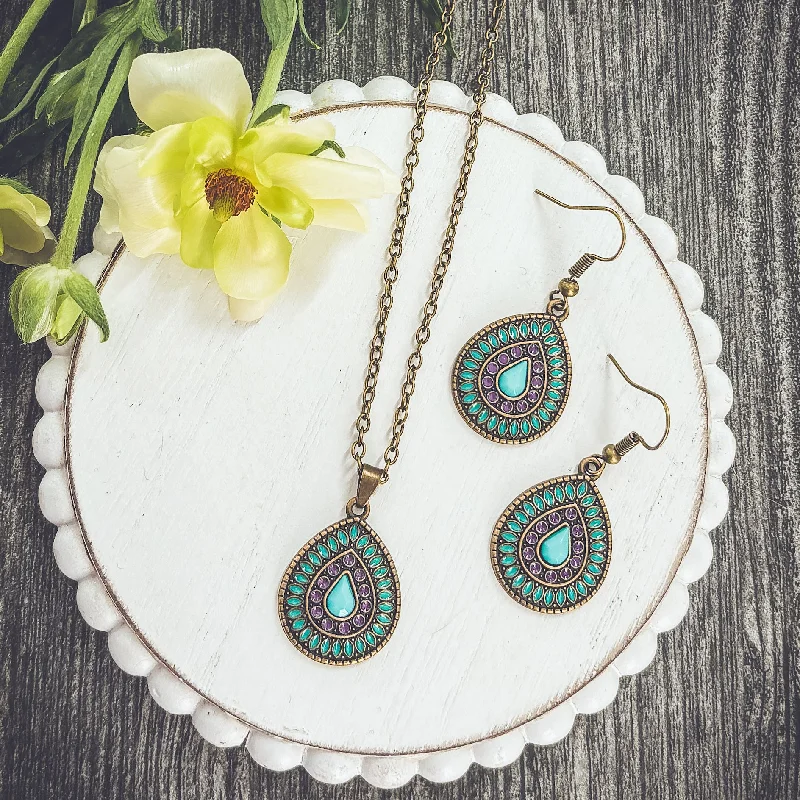 Opal Gemstone Necklace-Beautiful Boho Turquoise and Purple Necklace and Earring Set