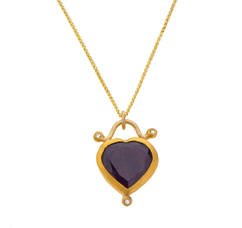 Luxury Gemstone Necklace-Nava Zahavi Yellow Gold Heart shaped Ruby and Diamonds Pendant Necklace