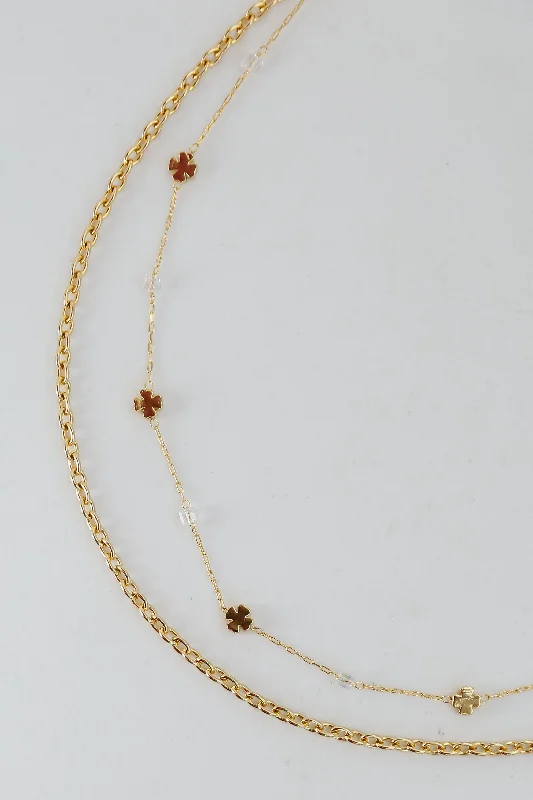 Designer Necklace for Weddings-FINAL SALE - Bridget Gold Four Leaf Clover Layered Chain Necklace