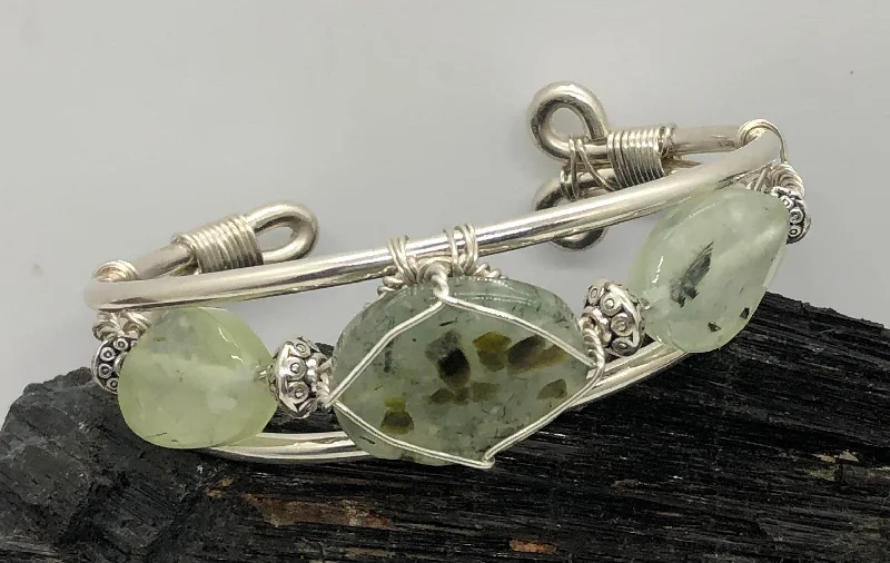 Rose Gold Cuff Bracelet-Prehnite w/Prehnite Side Stones Sterling Silver Wirewrapped Bracelet