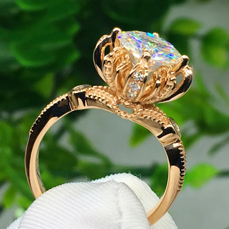 Large Sapphire Ring-New Ladies Flower Ring Copper Gold-Plated Inlaid Zircon Engagement Ring