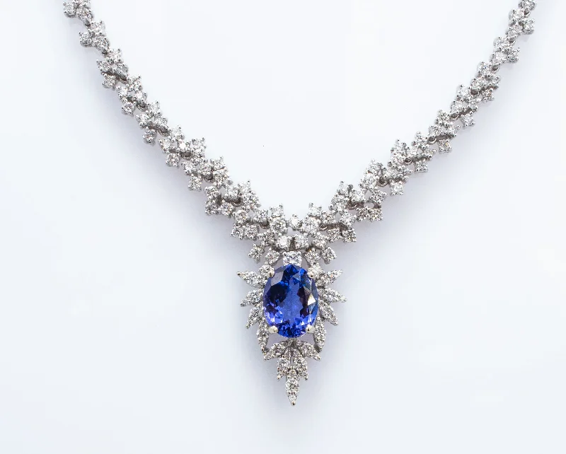 Luxury Pearl Necklace-Tanzanite & Diamond Waterfall Cluster Necklace.