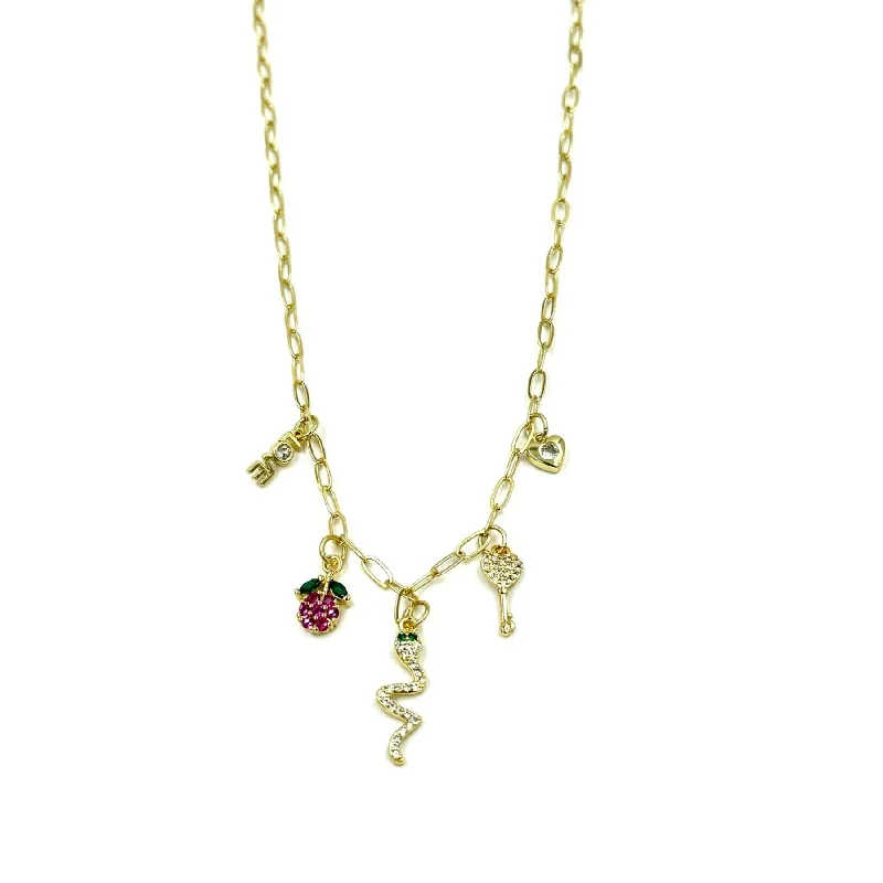 Bright Gold Pendant Necklace-Ashley Gold Stainless Steel Gold Plated Assorted 5 Charm CZ Necklace