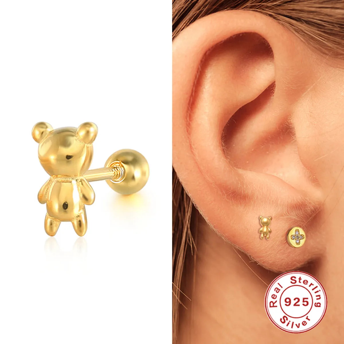 Custom Ring with Initials-1 Piece Cute Bear Plating Sterling Silver Ear Studs