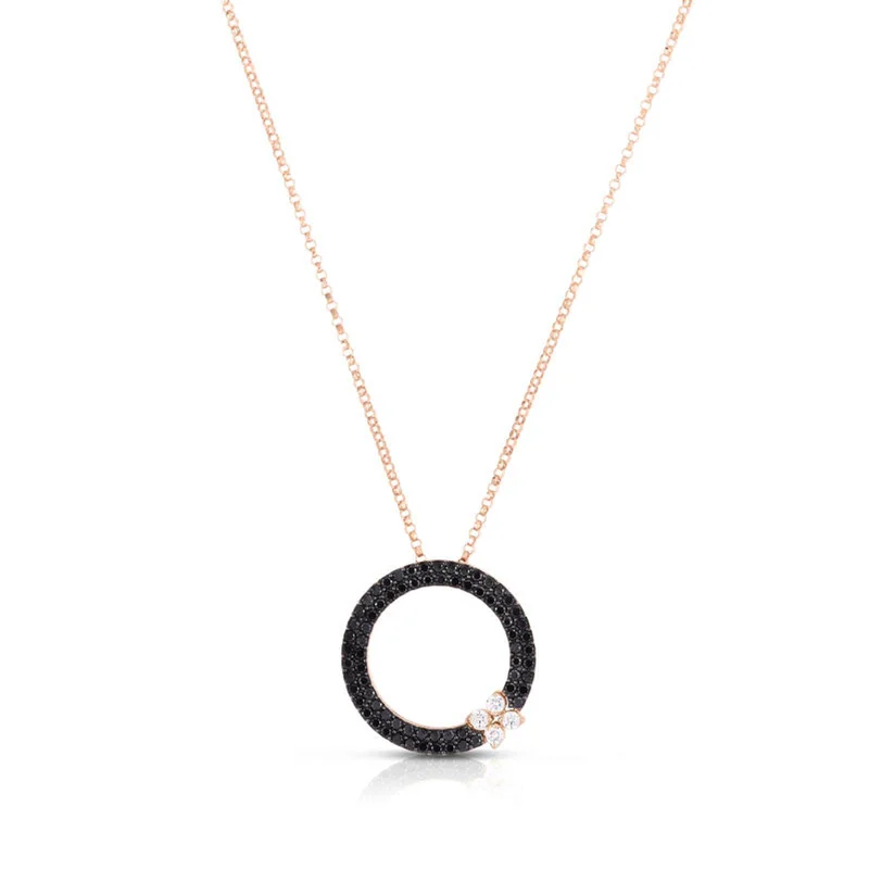 Geometric Gold Necklace-18K Rose Gold Love In Verona Black Diamond Circle Pendant Necklace