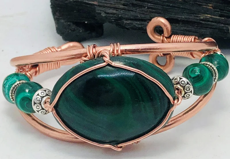 Birthstone Charm Bracelet-Malachite Cabochon with Malachite Side Stones  Copper Bracelet Wire wrapped Handmade