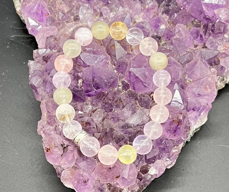 Custom Rose Gold Charm Bracelet-Rose Quartz, Amethyst, Citrine and Prehnite 10mm Stretchy Bracelet