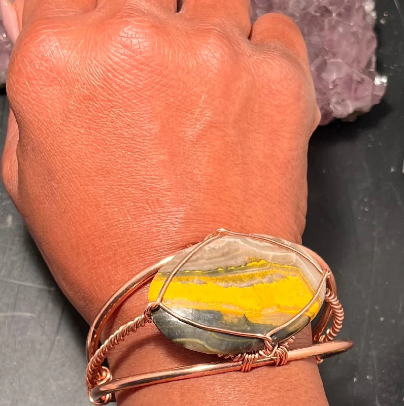 Women's Leather Bangle Bracelet-Bumblebee Jasper Copper Wirewrapped Bracelet