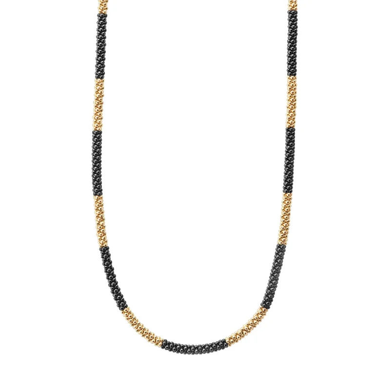 Chunky Chain Necklace-Black Caviar 18K Gold Large Station Ceramic Beaded Necklace | 3mm