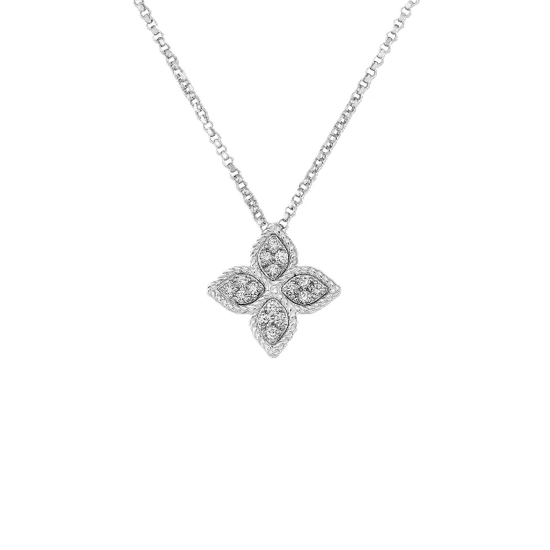 Long Chain Pendant Necklace-18K WHITE GOLD PRINCESS FLOWER MEDIUM DIAMOND NECKLACE