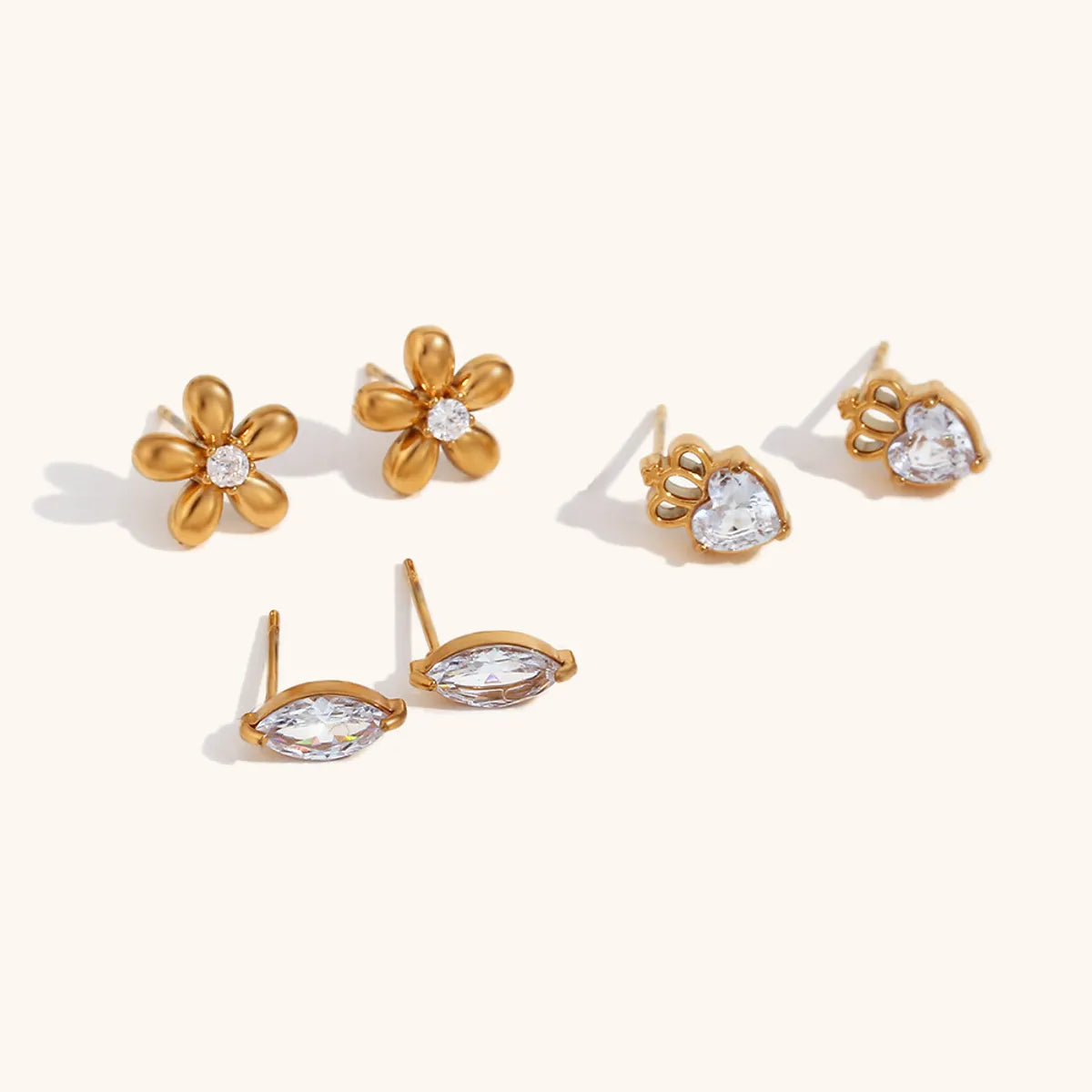 Birthstone Ring for Women-Simple Style Crown Flower Stainless Steel Inlay Zircon Ear Studs 1 Pair