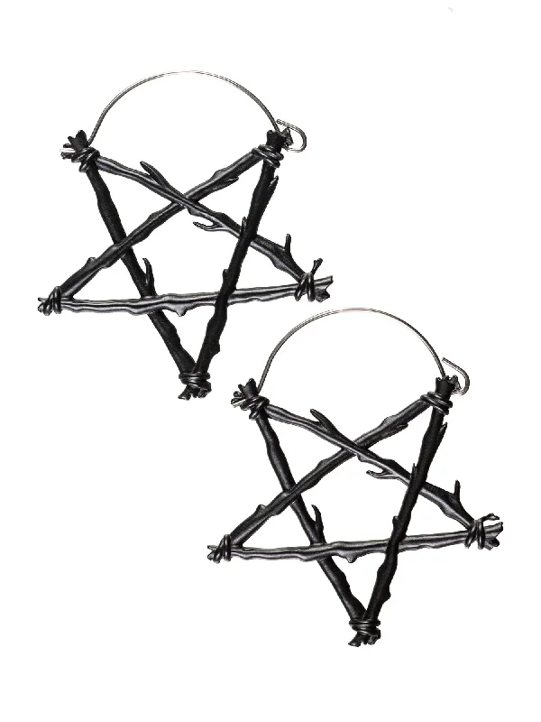 Unique Statement Earrings-Black Pentagram Dangle Hoop Steel Earrings