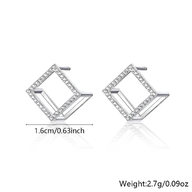 Silver and Sapphire Ring-1 Pair Simple Style Commute Shiny Square Plating Hollow Out Inlay Sterling Silver Zircon White Gold Plated Ear Studs