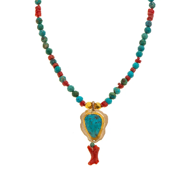 Elegant Gold Pendant Necklace-Nava Zahavi Yellow Gold Turquoise and Coral Necklace