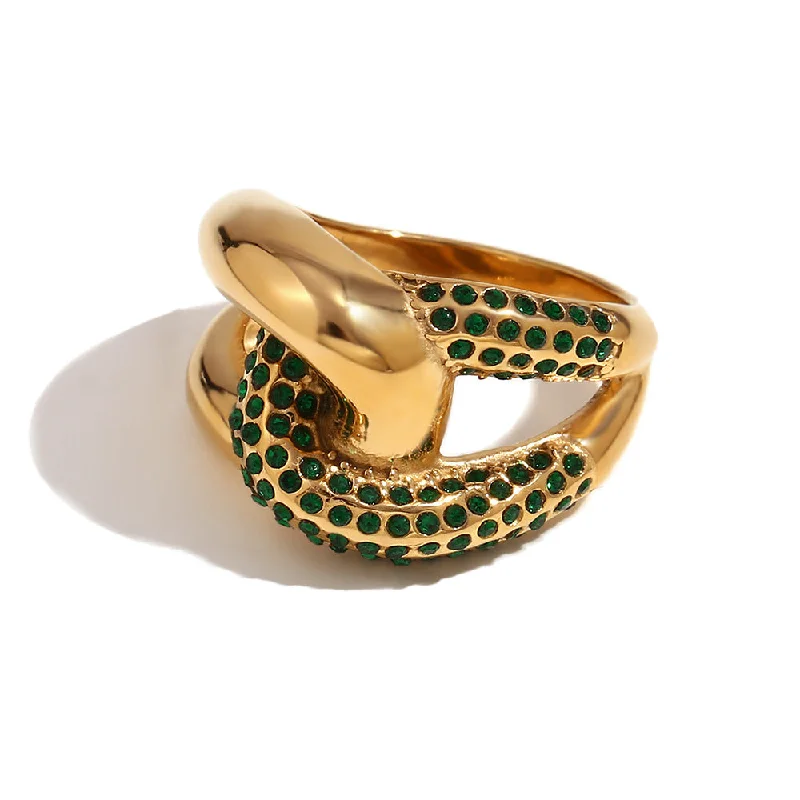 Cross Knot Contrast Zircon Ring - Gold Green-6