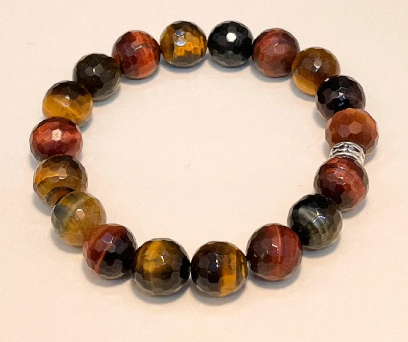 Simple Rose Gold Charm Bracelet-Tigers Eye 10mm faceted Stretchy Bracelet