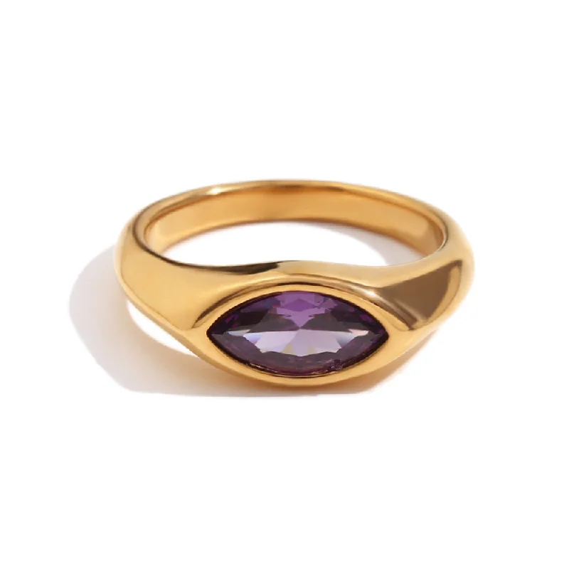 Horse Eye Zircon Seal Ring - Gold Purple Size 6