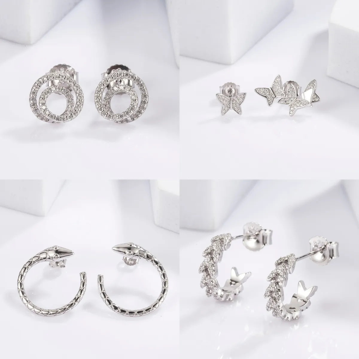 Custom Sapphire Wedding Band-1 Pair Cute Sweet Circle Snake Butterfly Plating Inlay Sterling Silver Zircon White Gold Plated Ear Studs