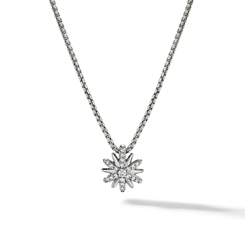 Custom Silver Bar Necklace-Petite Starburst Pendant Necklace in Sterling Silver with Diamonds\, 10.5mm