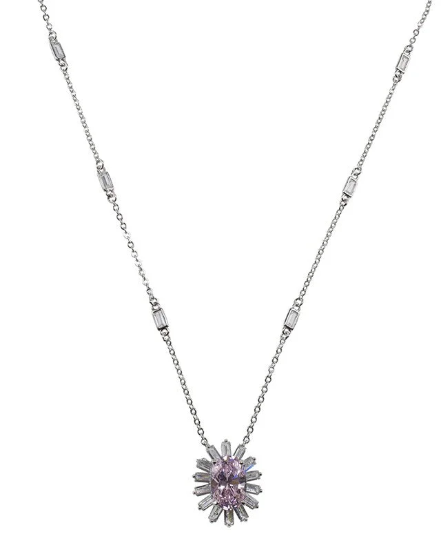 Silver Leaf Necklace-Oval CZ Pendant Necklace