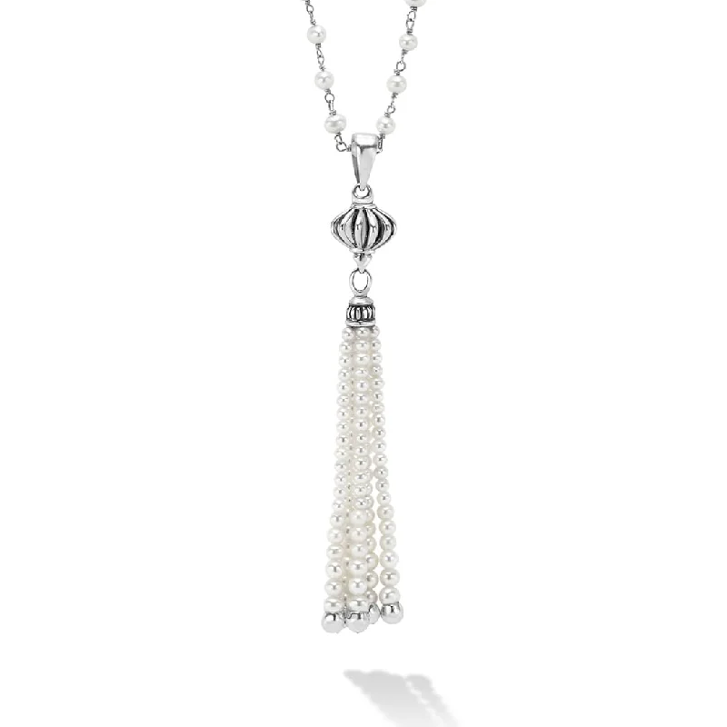 Layered Silver Pendant Necklace-Luna Pearl Tassel Pendant Necklace