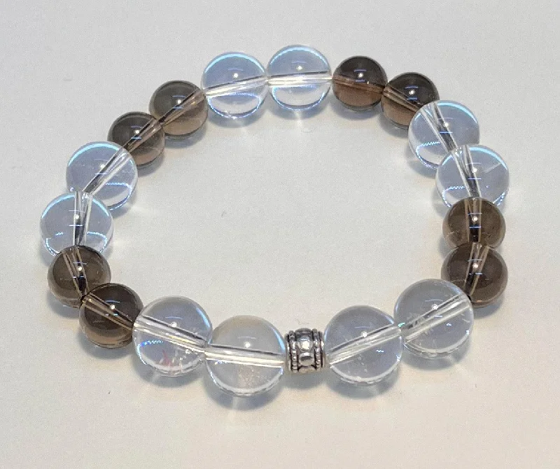 Elegant Silver Link Bracelet-Clear Quartz with 10mm Smoky Quartz Stretchy Bracelet