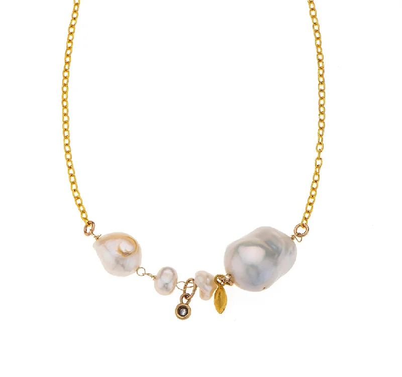 Geometric Bar Necklace-Nava Zahavi Yellow Gold Baroque Pearls Diamond element of Gold filled Chain