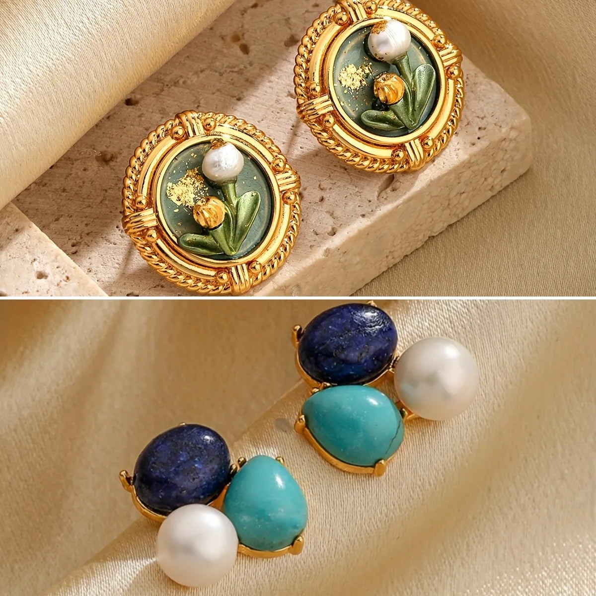 Rose Gold Wedding Ring-1 Pair Retro Pastoral Flower Inlay Copper Freshwater Pearl Turquoise Lapis Lazuli 18K Gold Plated Ear Studs