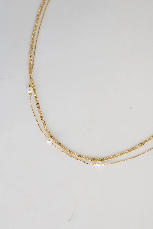 Sparkling Silver Necklace-Reece Gold Pearl Layered Chain Necklace